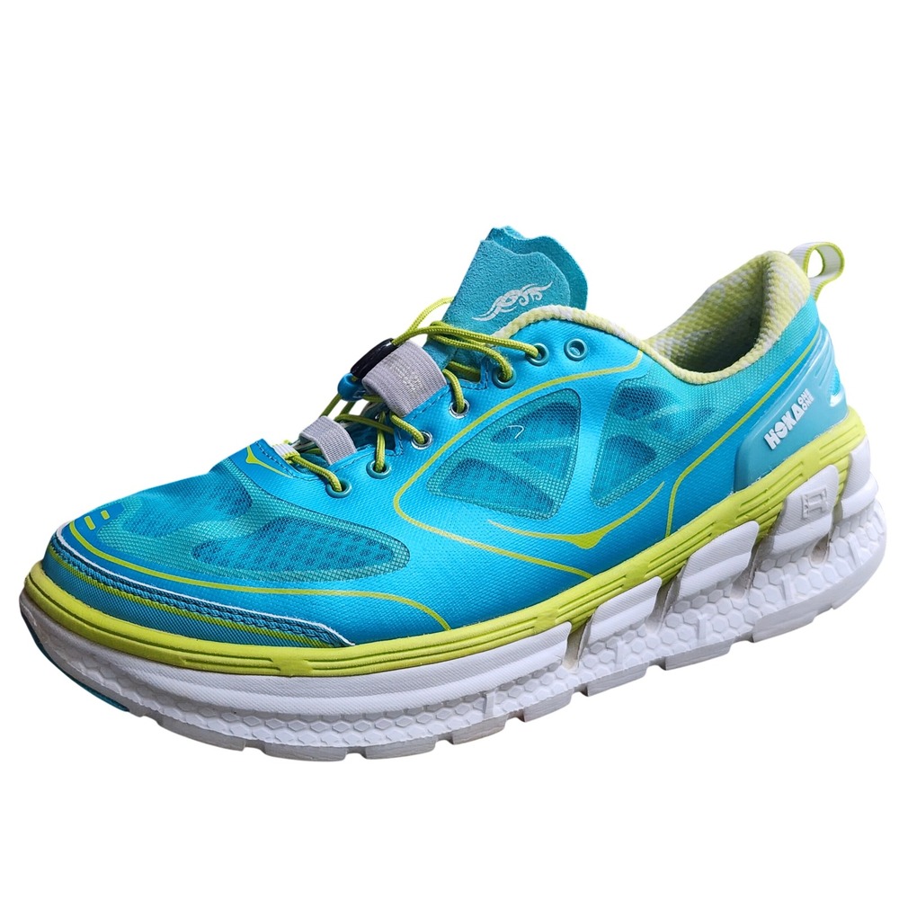 Hoka One One Conquest Womens 9.5 Blue Lime Green Running Shoes 20108025 ANA